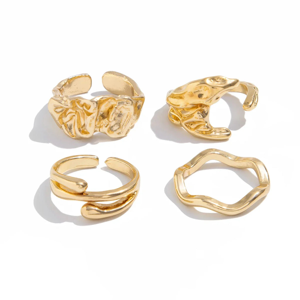 KunJoe 4Pcs Fashion Geometric Wavy Open Rings Set for Men Hip Hop Golden Color Hollow Out Irregular Ring Male Finger Jewelry