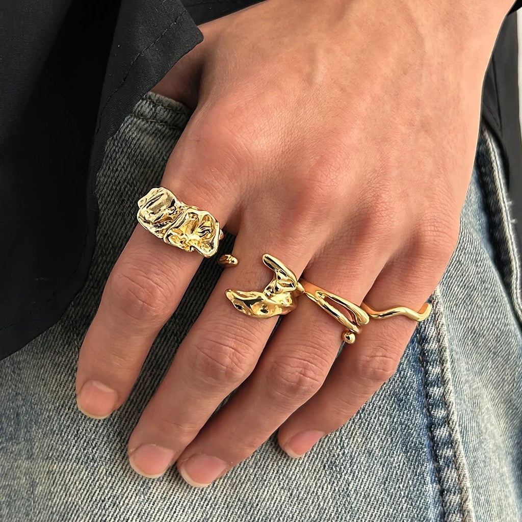 KunJoe 4Pcs Fashion Geometric Wavy Open Rings Set for Men Hip Hop Golden Color Hollow Out Irregular Ring Male Finger Jewelry