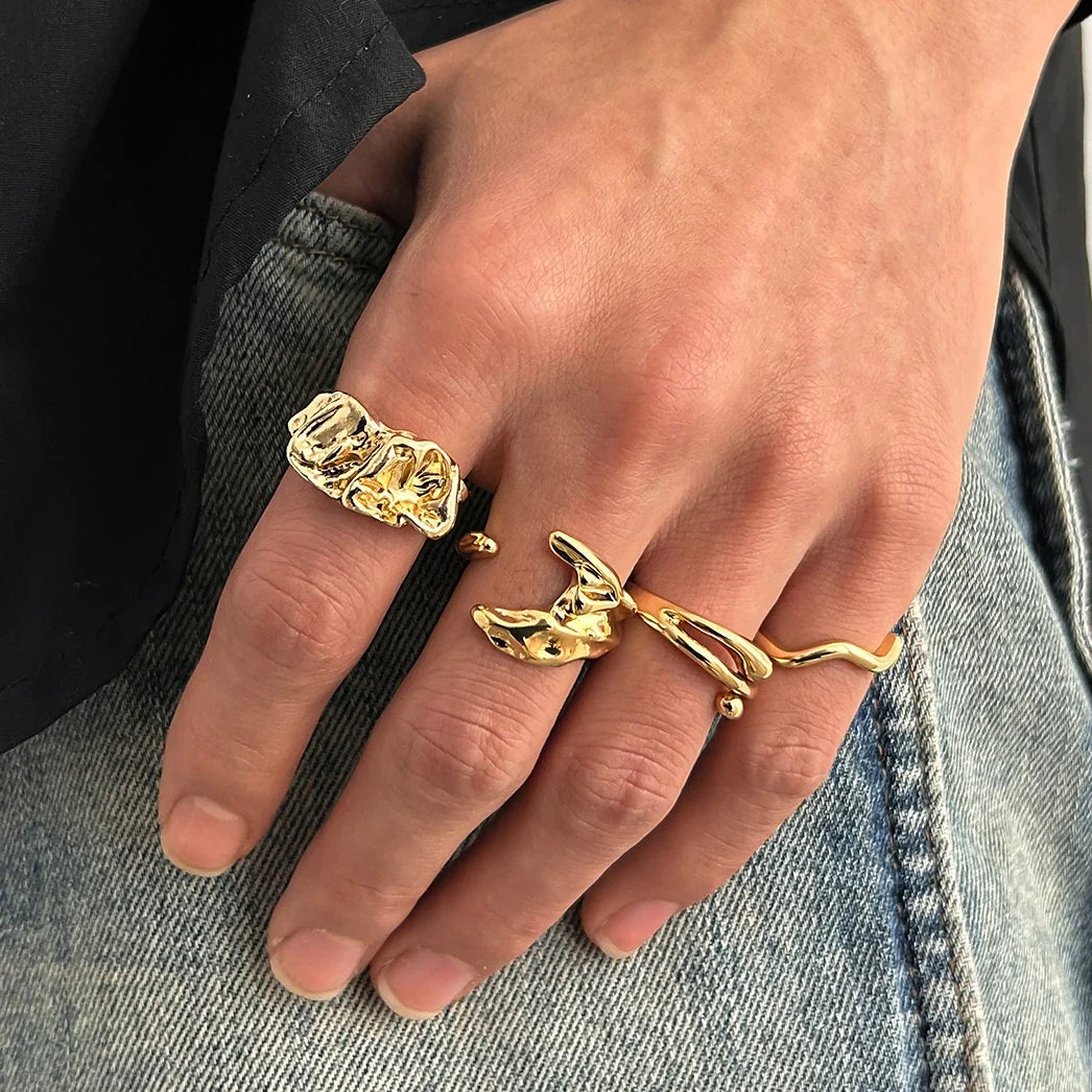 KunJoe 4Pcs Fashion Geometric Wavy Open Rings Set for Men Hip Hop Golden Color Hollow Out Irregular Ring Male Finger Jewelry
