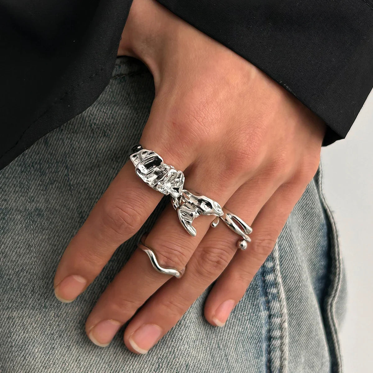 KunJoe 4Pcs Fashion Geometric Wavy Open Rings Set for Men Hip Hop Golden Color Hollow Out Irregular Ring Male Finger Jewelry