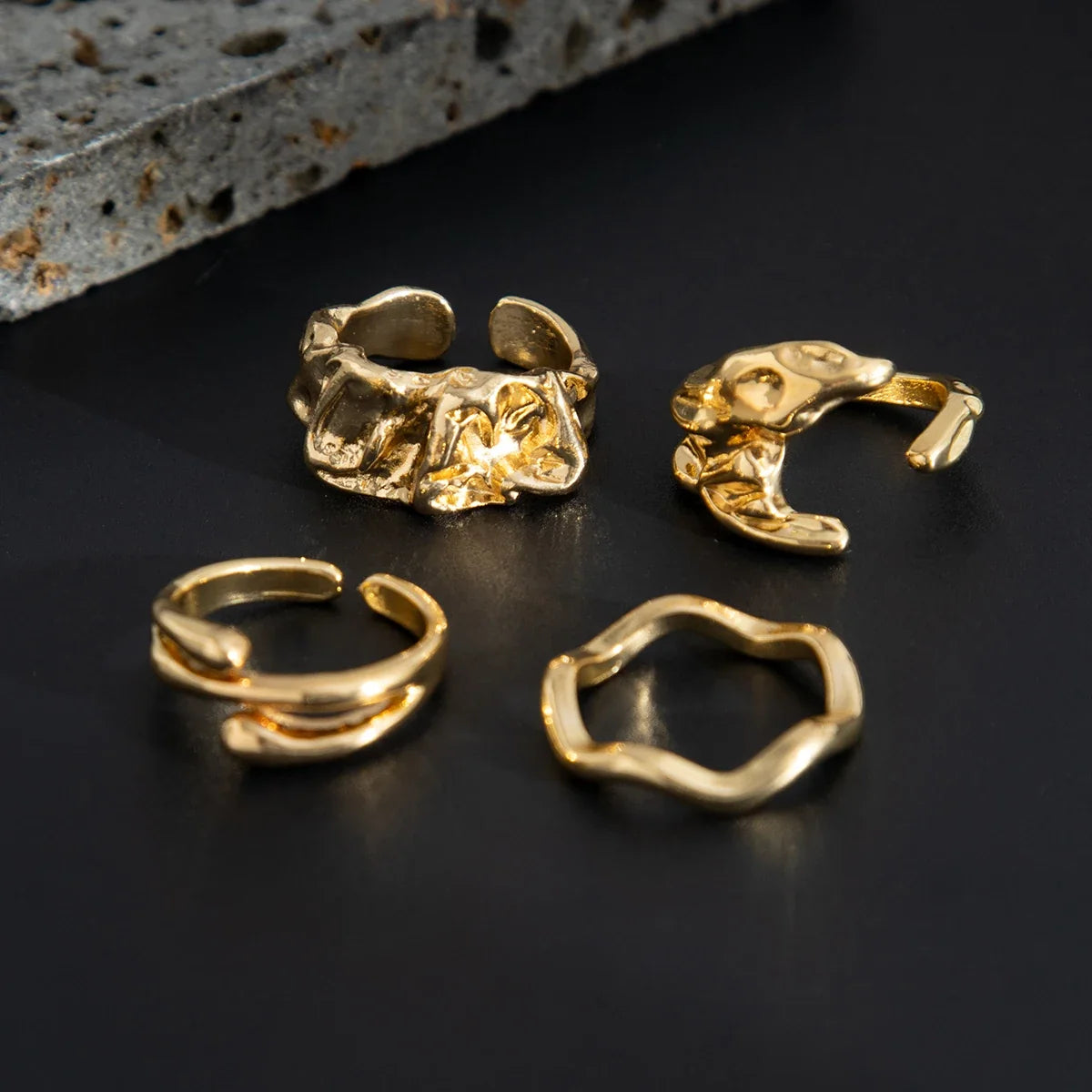 KunJoe 4Pcs Fashion Geometric Wavy Open Rings Set for Men Hip Hop Golden Color Hollow Out Irregular Ring Male Finger Jewelry