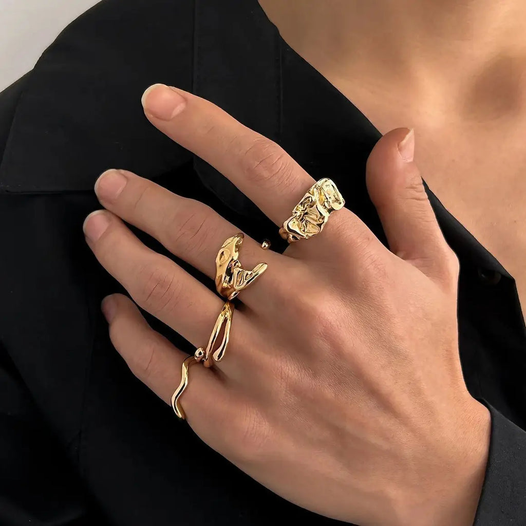 KunJoe 4Pcs Fashion Geometric Wavy Open Rings Set for Men Hip Hop Golden Color Hollow Out Irregular Ring Male Finger Jewelry