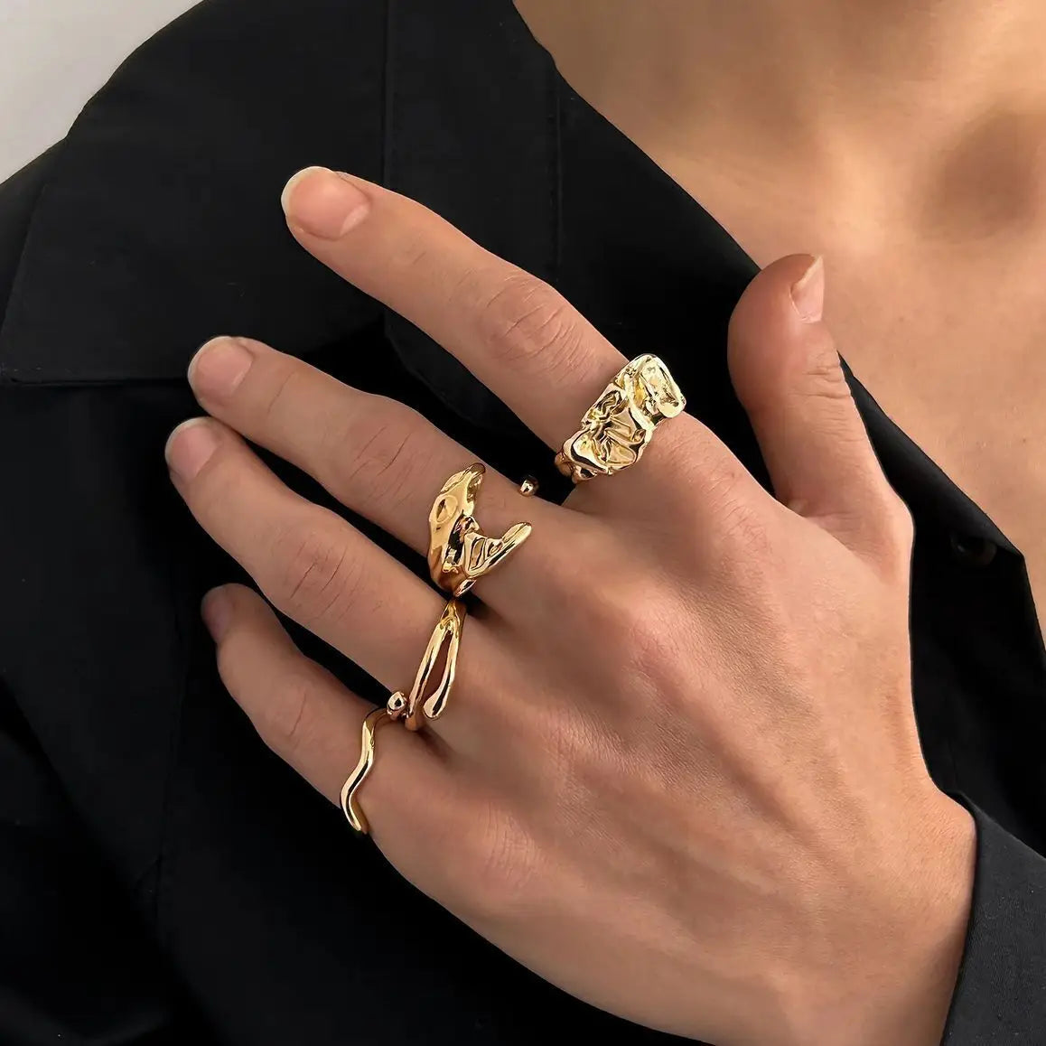 KunJoe 4Pcs Fashion Geometric Wavy Open Rings Set for Men Hip Hop Golden Color Hollow Out Irregular Ring Male Finger Jewelry