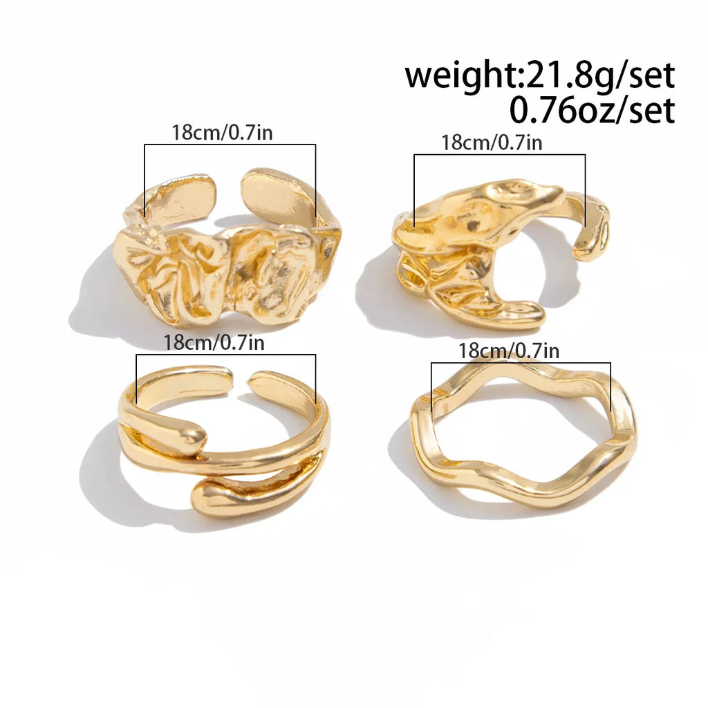 KunJoe 4Pcs Fashion Geometric Wavy Open Rings Set for Men Hip Hop Golden Color Hollow Out Irregular Ring Male Finger Jewelry